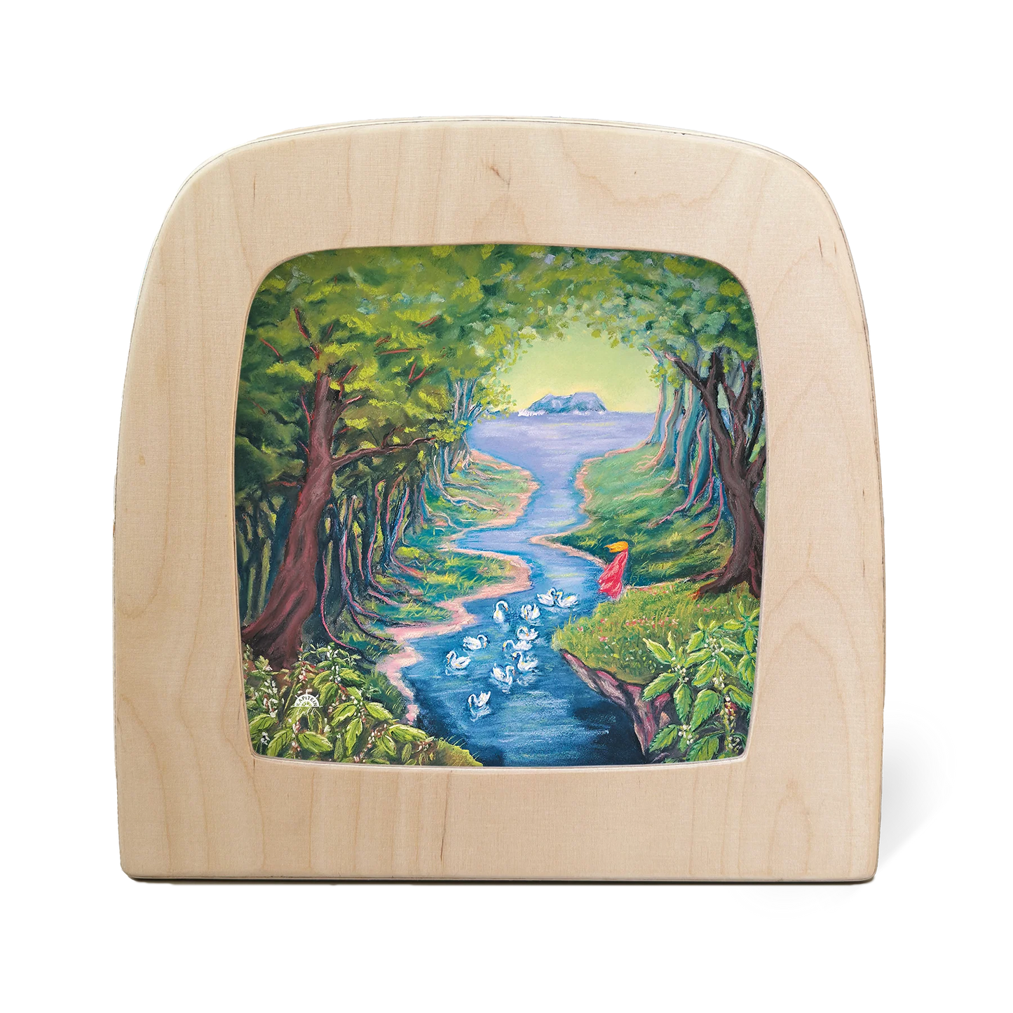 Toverlux Motiv Wilde Schwäne – Silhouette mit Mädchen am Fluss und schwimmenden Schwänen von Kapitein Kalk