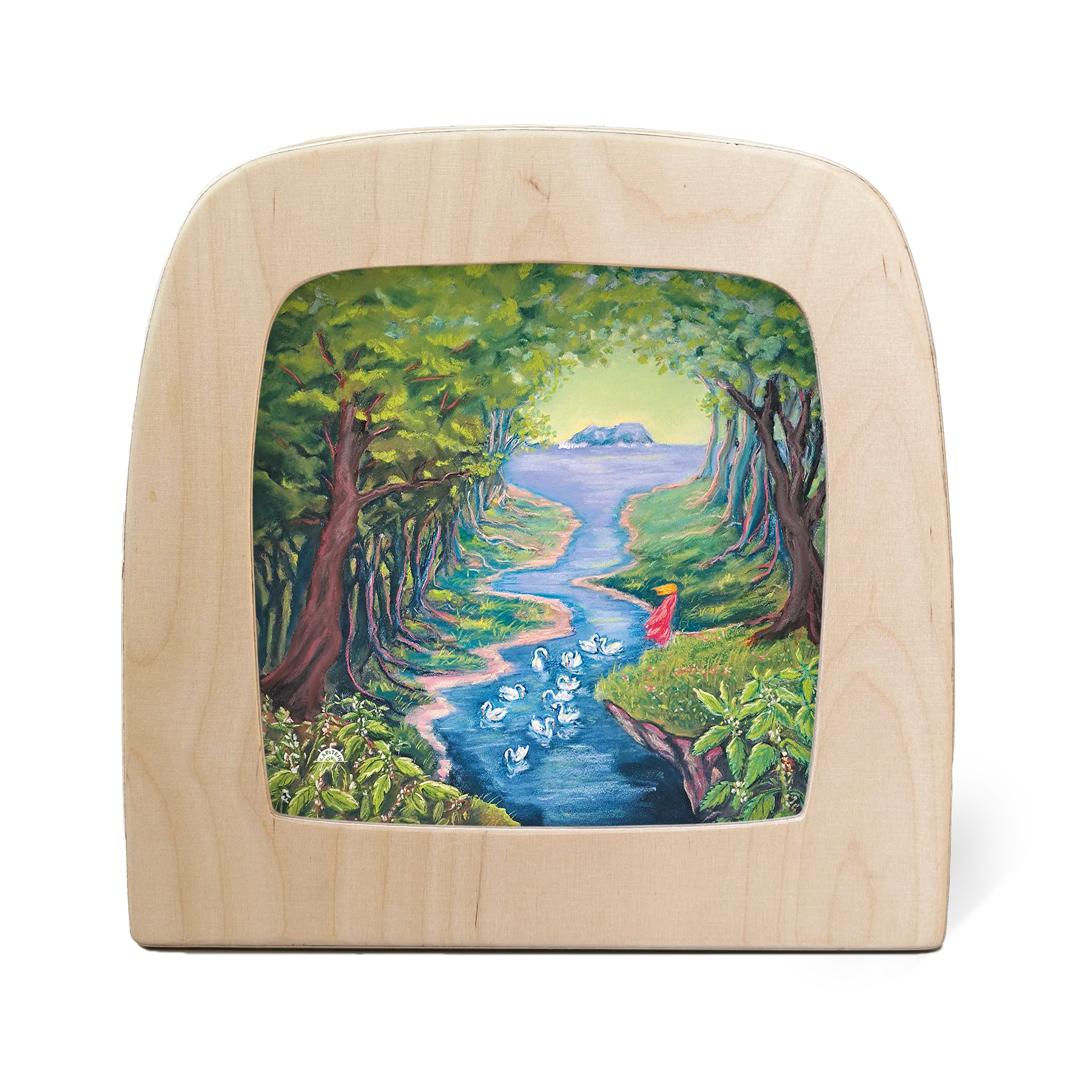 Toverlux Motiv Wilde Schwäne – Silhouette mit Mädchen am Fluss und schwimmenden Schwänen von Kapitein Kalk