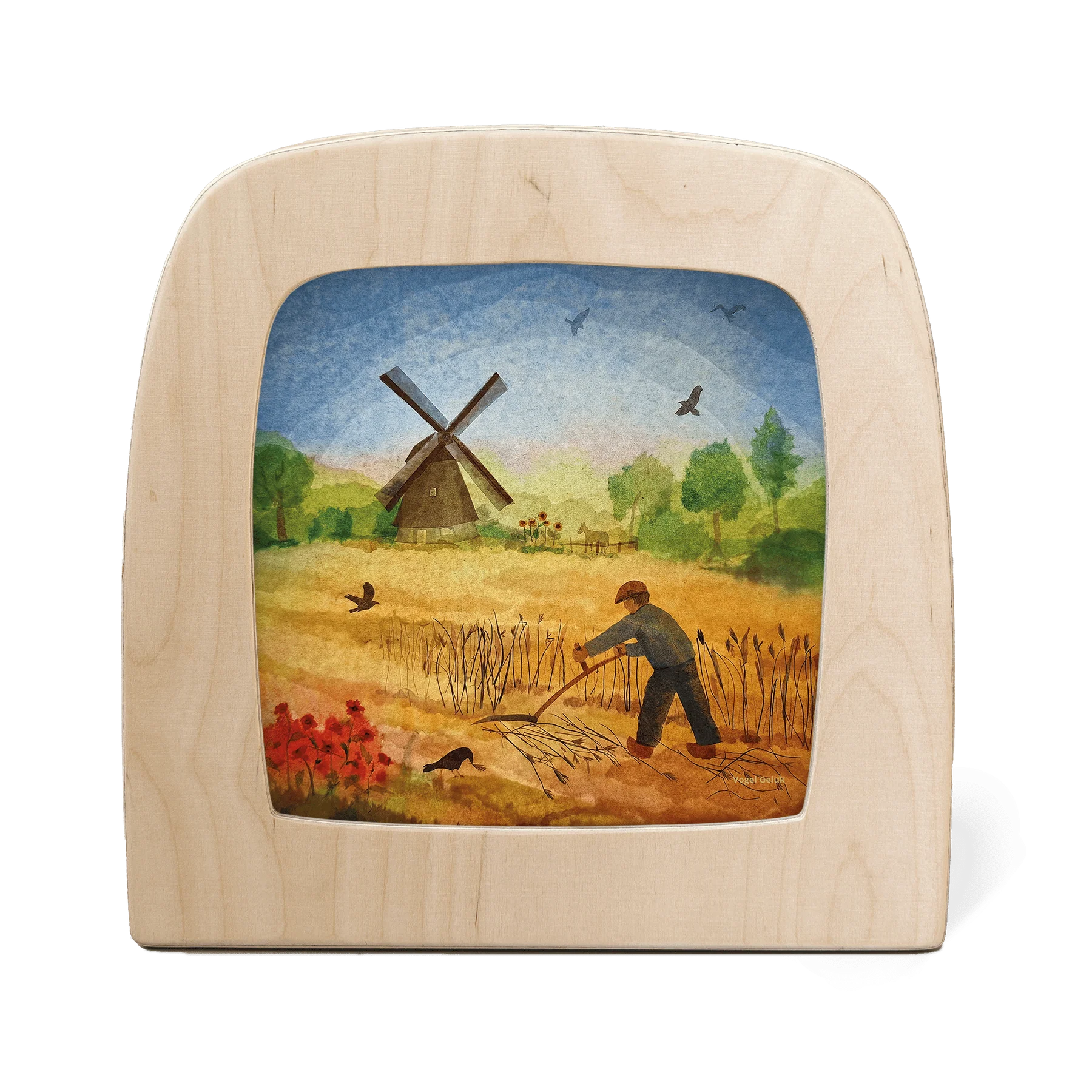 Toverlux Motiv Windmühle – Silhouette mit Bauer beim Pflügen vor holländischer Windmühle, Vogel Geluk