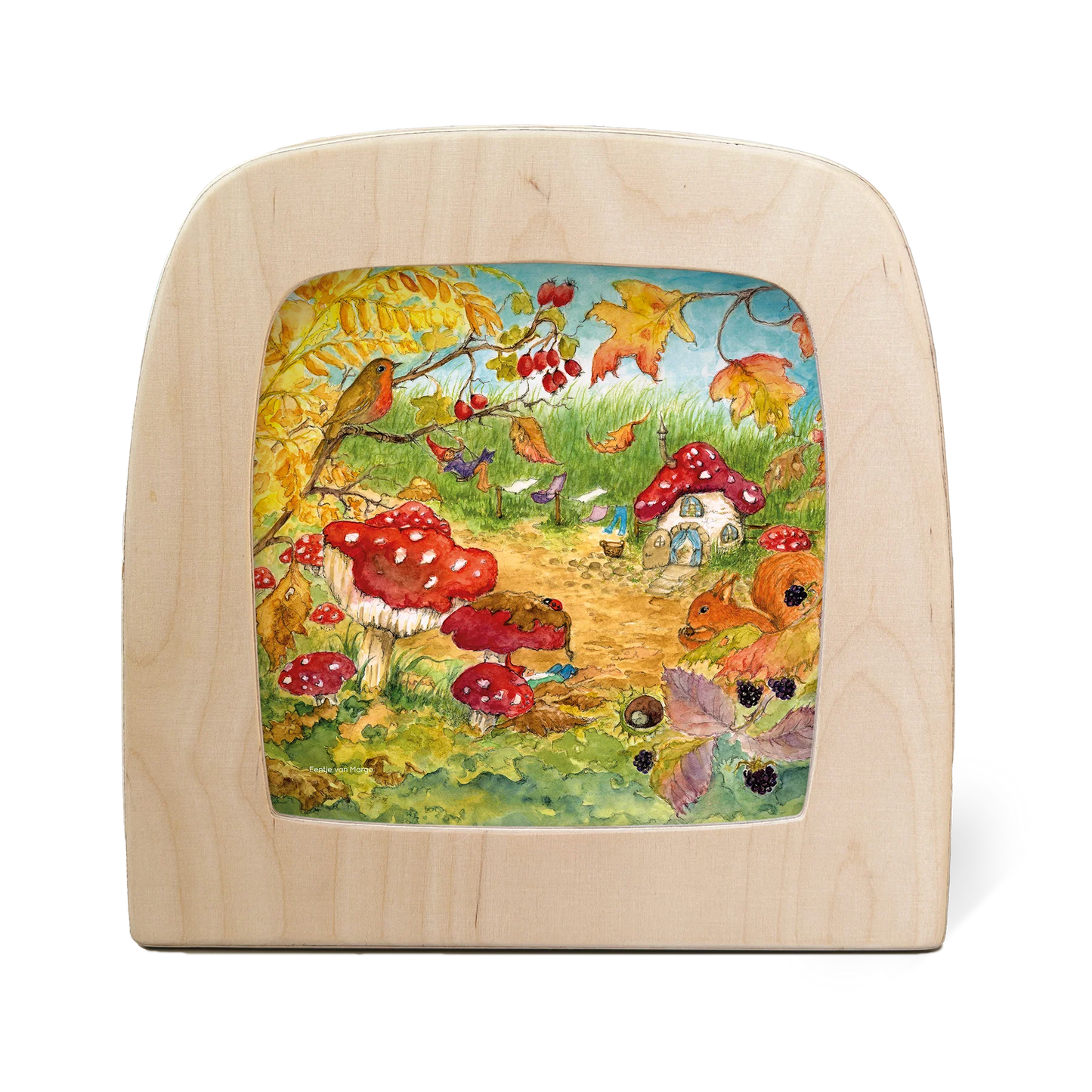 Toverlux Motiv Zwergendorf – Silhouette mit Pilzhäusern, Wichteln und Eichhörnchen im Herbstwald, Eentje van Margo