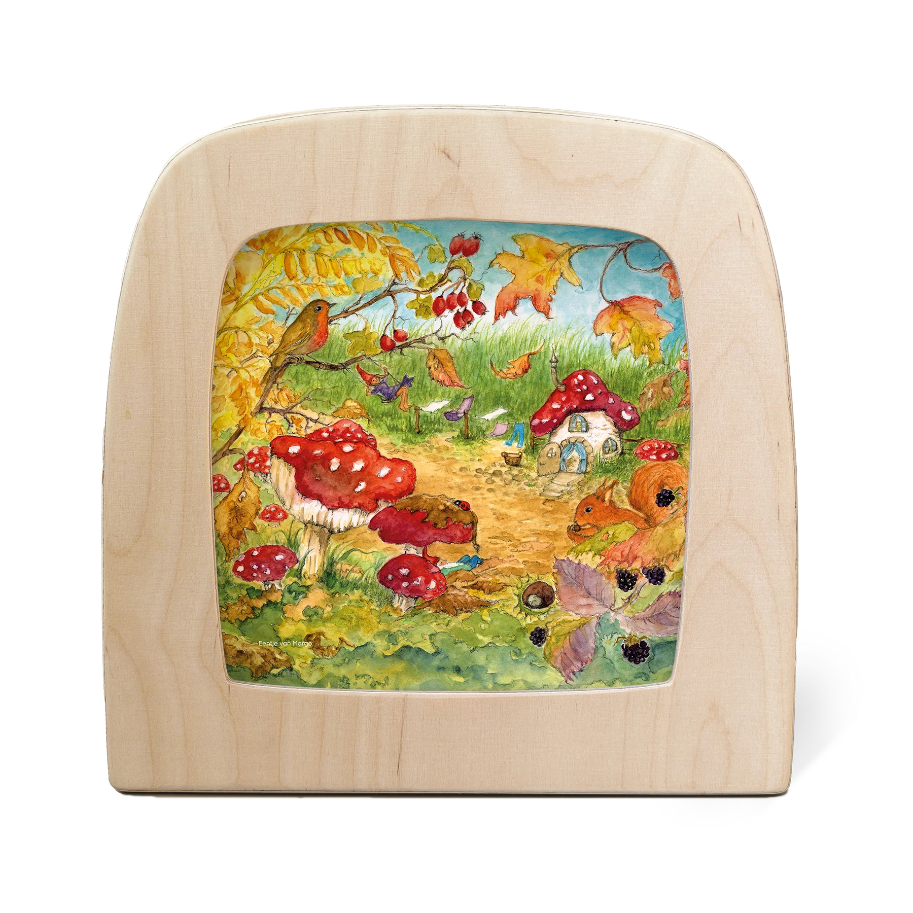 Toverlux Motiv Zwergendorf – Silhouette mit Pilzhäusern, Wichteln und Eichhörnchen im Herbstwald, Eentje van Margo
