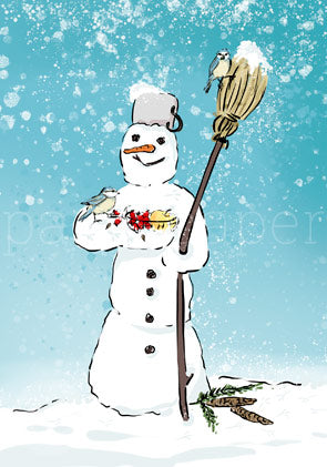 Unser lieber Schneemann Postkarte für Kinder – Schneemann füttert Vögel im Schnee, Antje Theres Kral, Jahreszeitentisch