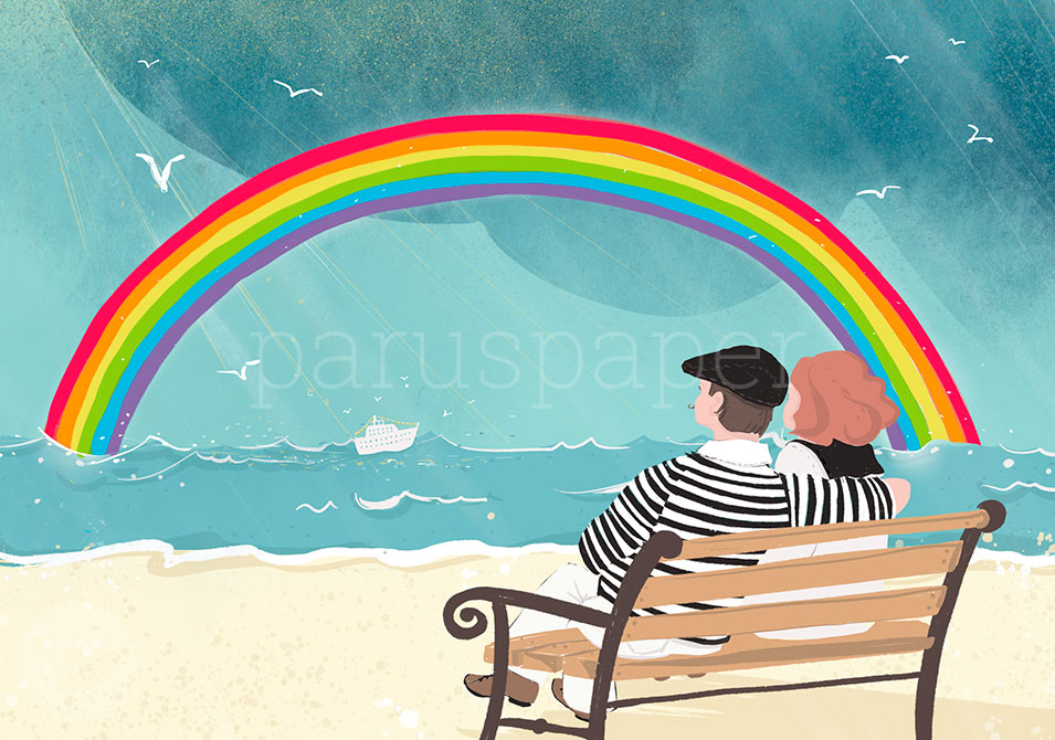Postkarte Unser Regenbogen von Antje Therés Kral: Paar auf Bank betrachtet Regenbogen über dem Meer