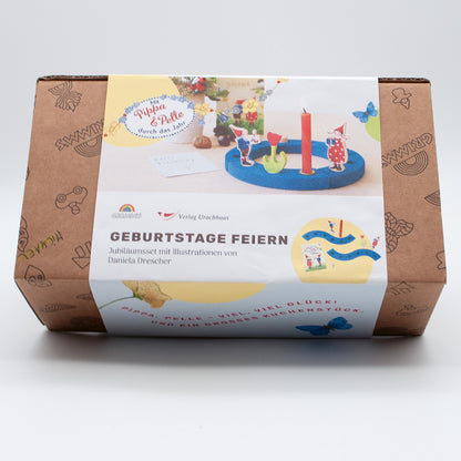 Verpackung des Jubiläumssets Geburtstage feiern mit Pippa und Pelle, Illustrationen von Daniela Drescher – GRIMM'S und Verlag Urachhaus GK36