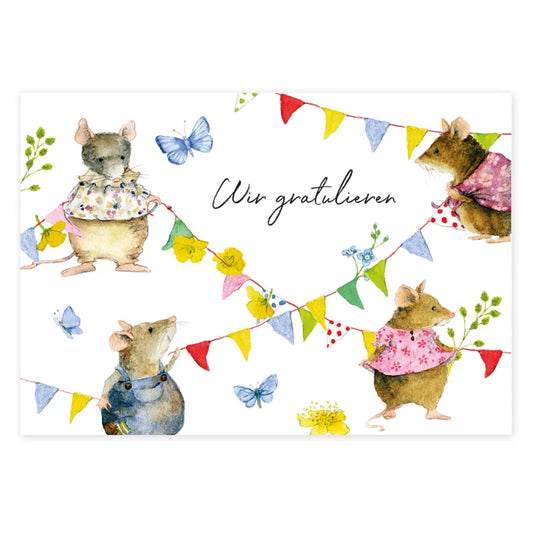 Postkarte mit vier Mäusen, die gemeinsam eine Wimpelkette spannen – Wir gratulieren GK7