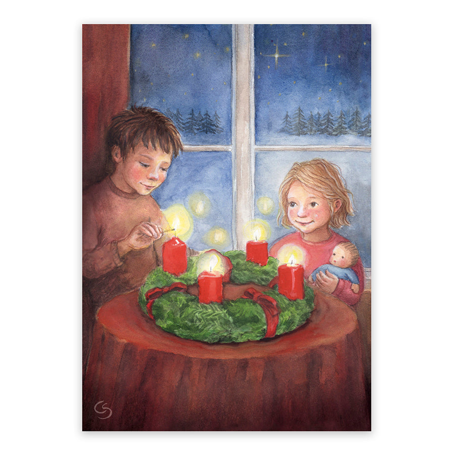 Kunstpostkarte Vierter Advent von Corinna Schwerdtfeger – Kinder zünden vierte Adventskerze an, PKWI27