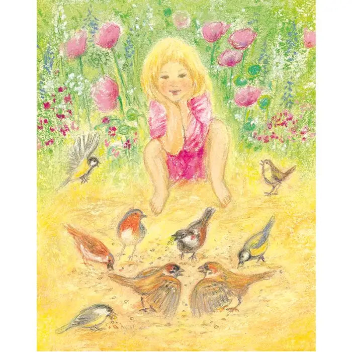 Postkarte Voegel fuettern von Marjan van Zeyl: Kind fuettert Gartenvoegel zwischen Mohnblumen