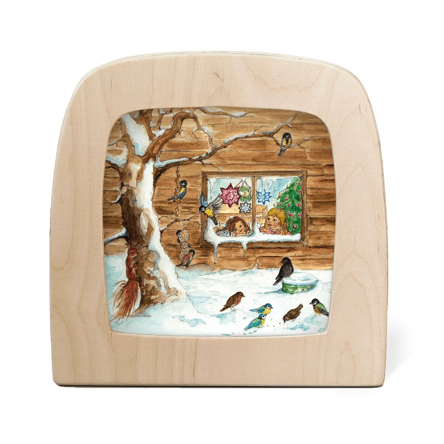 Vogelbeobachtung Toverlux Motiv MO30: Kinder beobachten Meisen, Amsel und Eichhörnchen am winterlichen Futterplatz, Eentje van Margo – für die Magische Lampe