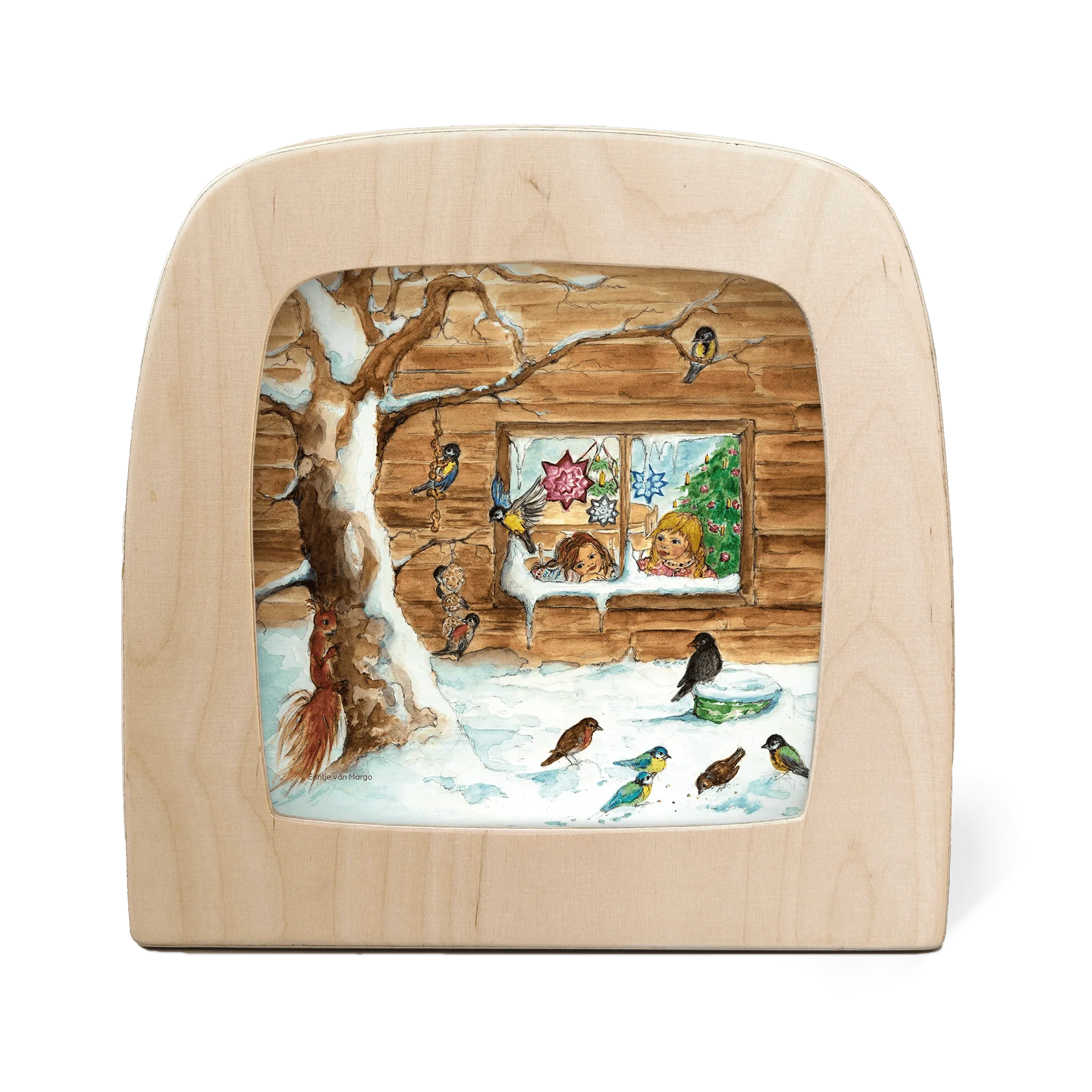 Vogelbeobachtung Toverlux Motiv MO30: Kinder beobachten Meisen, Amsel und Eichhörnchen am winterlichen Futterplatz, Eentje van Margo – für die Magische Lampe