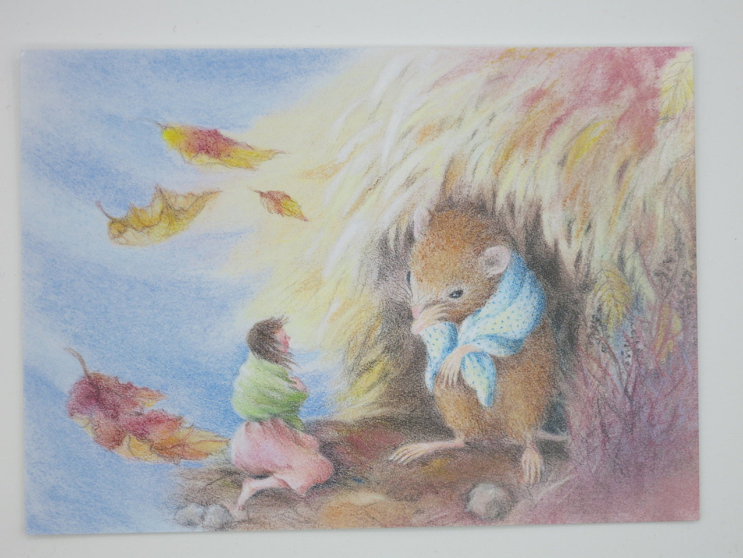Däumelinchen trifft auf eine Feldmaus im Herbstwind – Waldorf Postkarte von Monika Speck