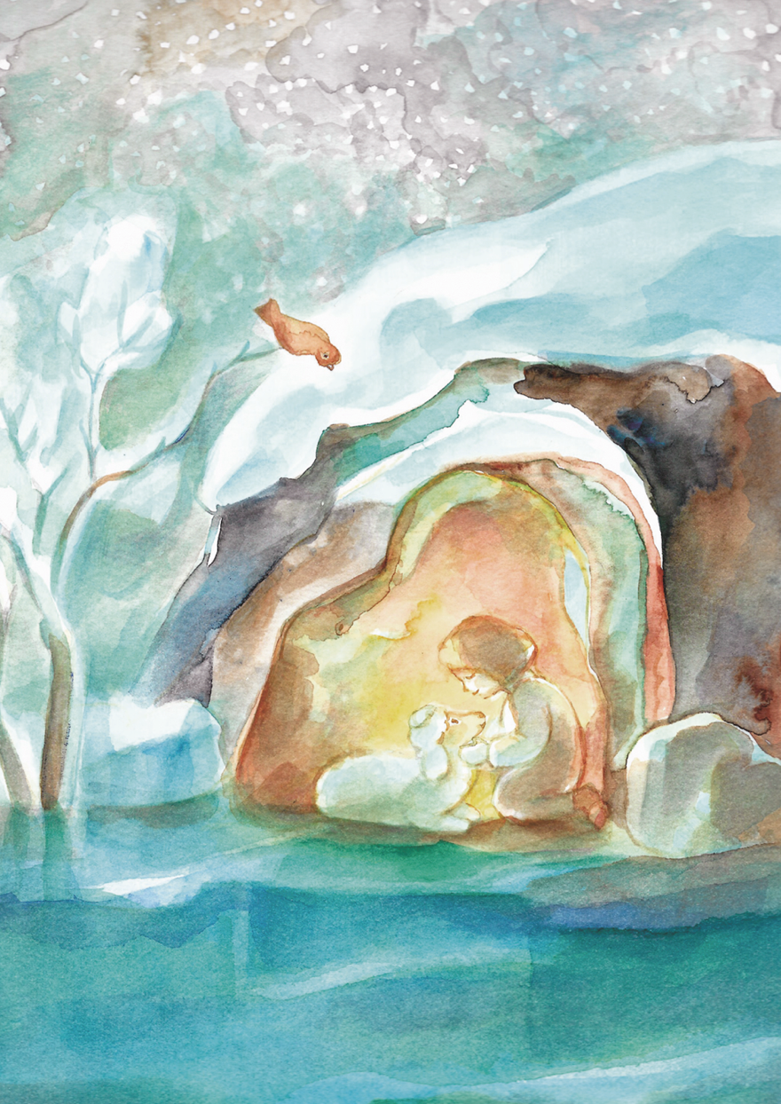 Waldorf-Postkarte für Kinder: Kind umarmt Lamm in herzfoermiger Felsenhoehle, Vogel und Winterlandschaft