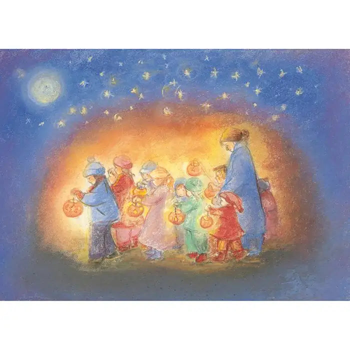 Kindergartengruppe mit Laternen und Erzieherin unter Vollmond – Waldorf Postkarte Laternenumzug von Marjan van Zeyl