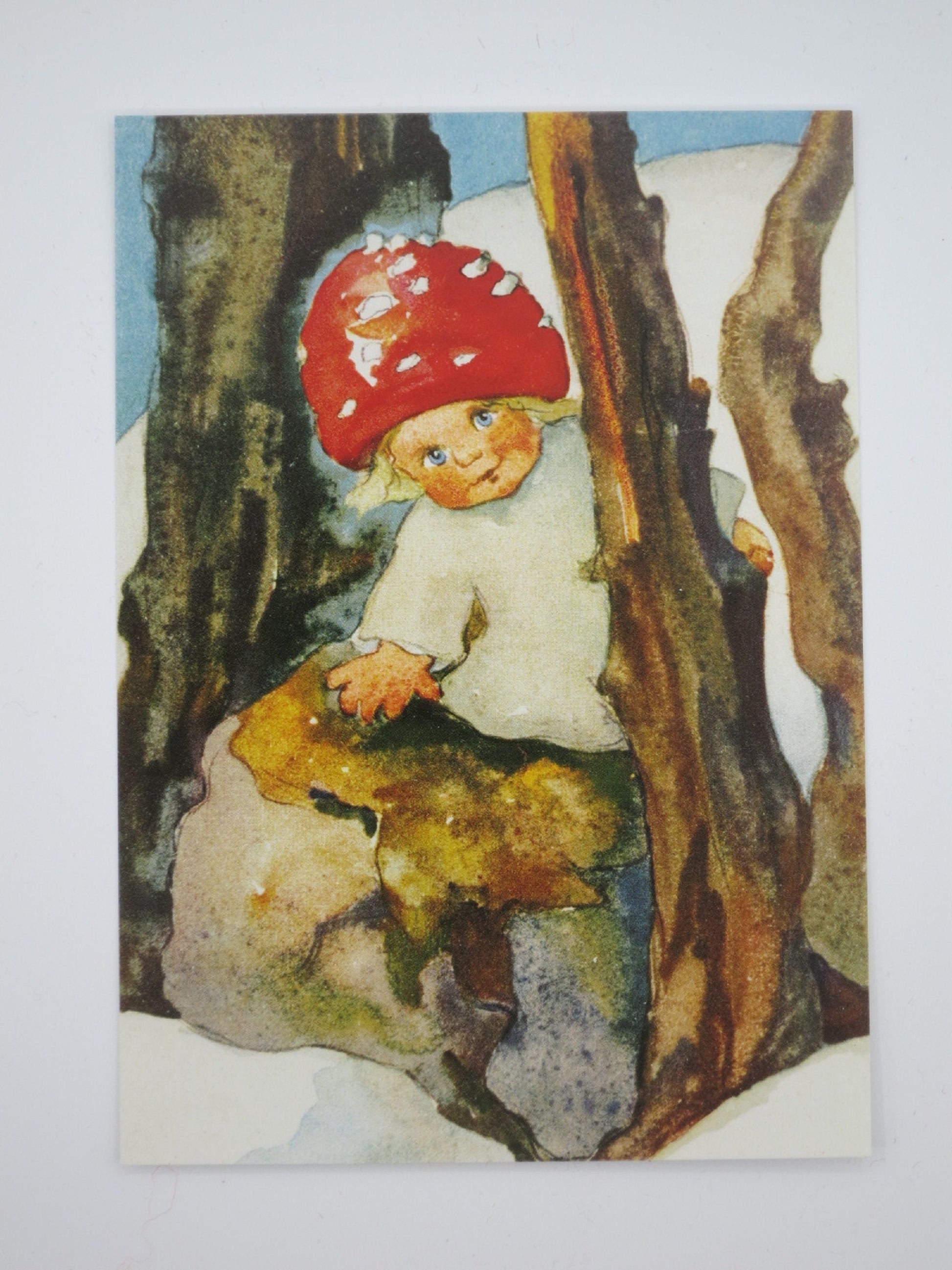 Kind als Fliegenpilz verkleidet sitzt auf moosigem Stein im Winterwald – Waldorf Postkarte Pilzkind von Mili Weber
