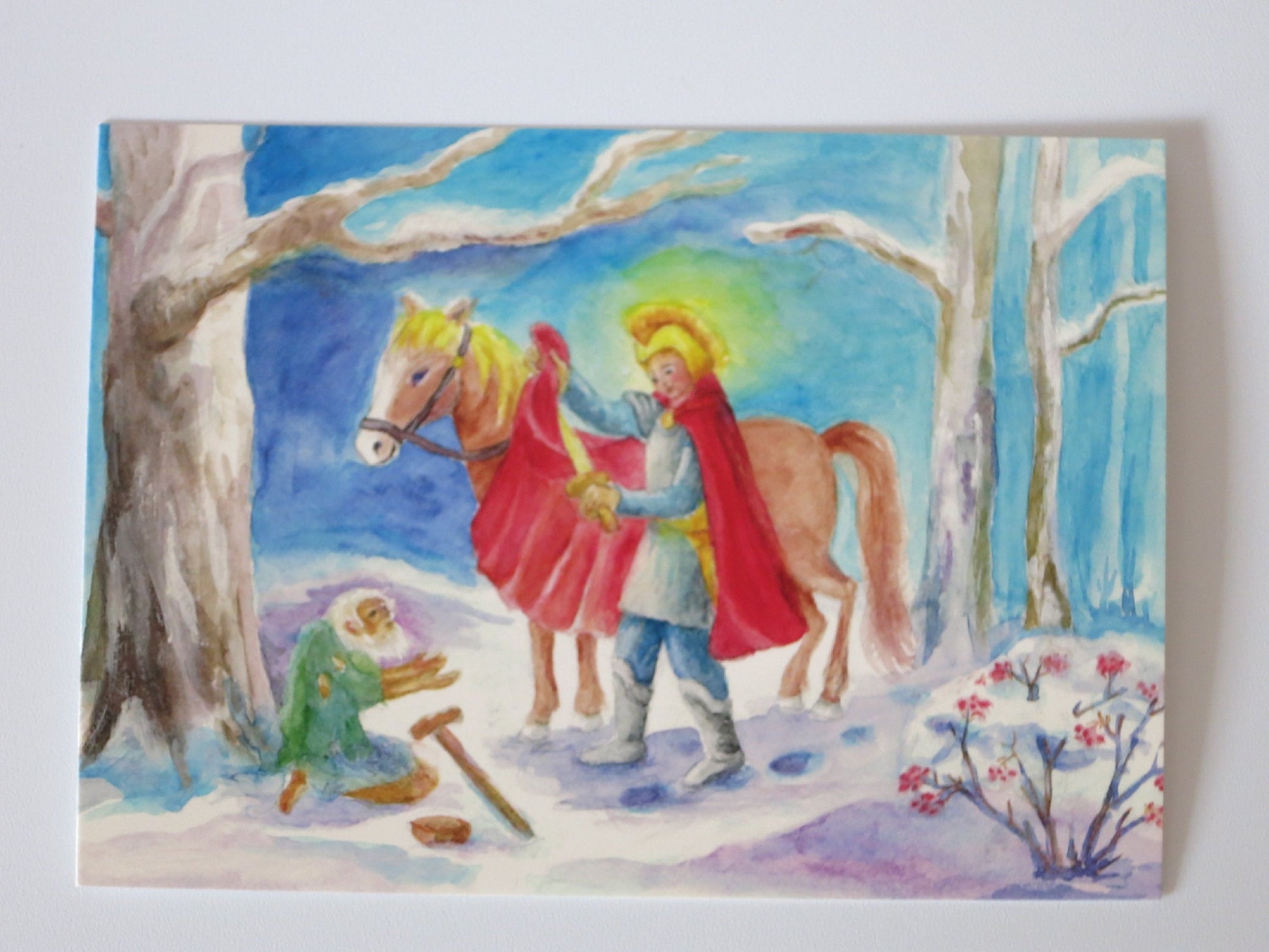 Sankt Martin teilt seinen Mantel in verschneiter Winterlandschaft – Waldorf Postkarte von Dorothea Schmidt