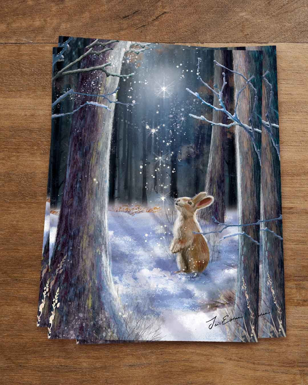 Postkarte „Was die Sterne flüstern“ von Iris Esther: ein brauner Hase sitzt aufrecht auf den Hinterläufen im verschneiten Winterwald zwischen hohen Stämmen und blickt zu funkelnden Sternen hinauf, die wie ein Lichtstrom zwischen den Bäumen herabsinken