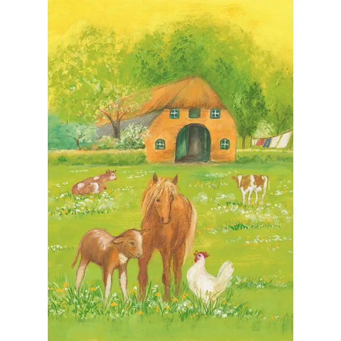 Waldorf Postkarte Was machst du kleines Huhn von Marjan van Zeyl mit Bauernhofszene, Pferd, Fohlen und Huhn