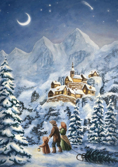 Weihnachtspostkarte Weihnacht in den Bergen: Familie mit Laterne und Schlitten auf dem Weg zum verschneiten Bergdorf