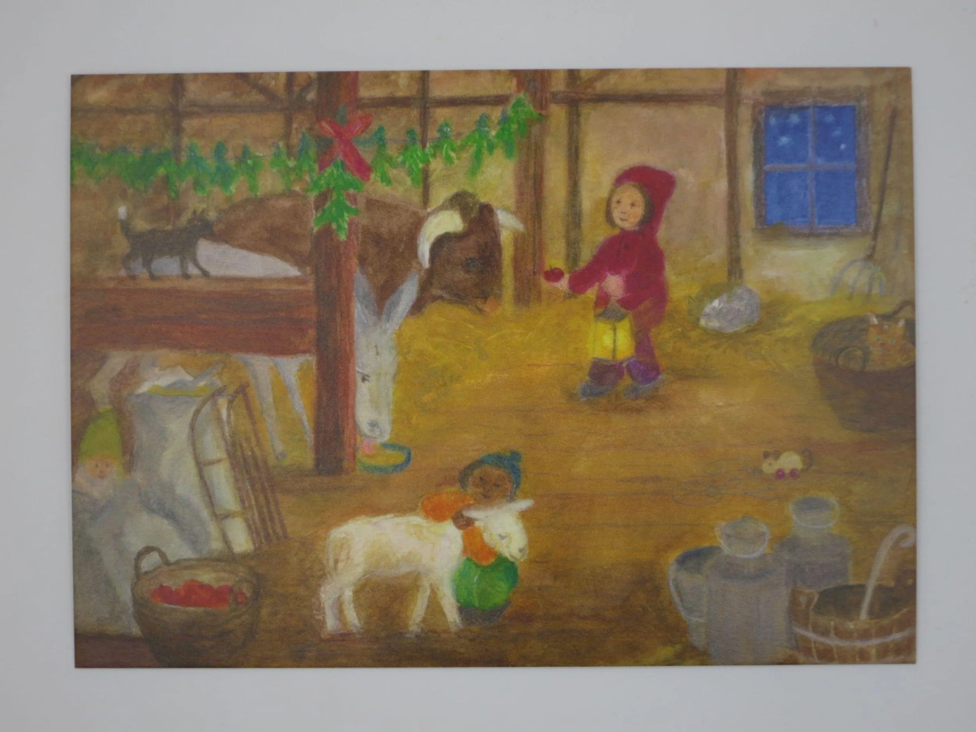Waldorf Postkarte Weihnachten für die Tiere von Anke Christel-Weidemann – Kinder versorgen Stalltiere, PKWI240