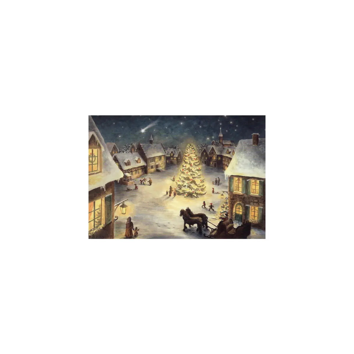 Kunstpostkarte Weihnachten im Dorf von Raphaela Berendt – Weihnachtsbaum auf Marktplatz im Schnee, PKWI122