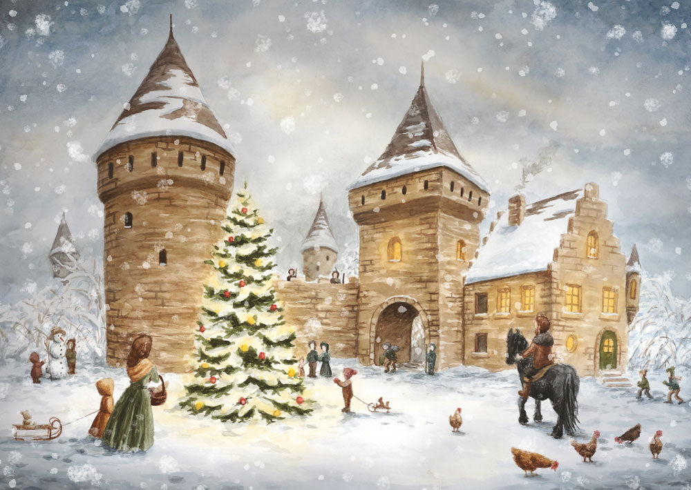 Weihnachtspostkarte Burg mit Weihnachtsbaum im Innenhof, Raphaela Berendt, Waldorf Jahreszeitentisch