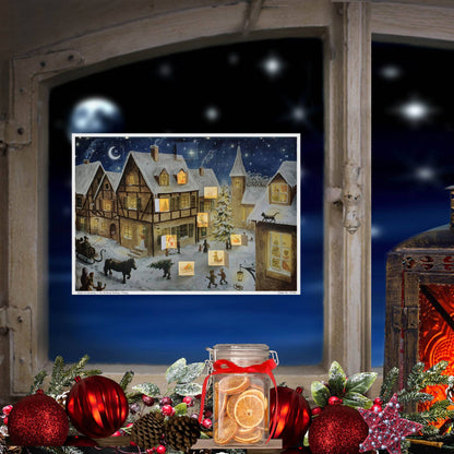 Adventskalender zum Aufhängen am Fenster: Weihnachtsabend im Dorf mit geöffneten Türchen und leuchtenden Rückbildern, AK73