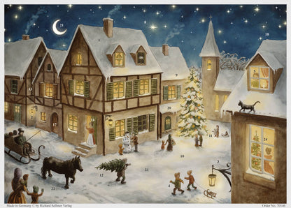 Nostalgischer Adventskalender groß aus Papier: verschneites Fachwerkdorf am Heiligen Abend mit Pferdeschlitten und Christbaum, Richard Sellmer Verlag AK73