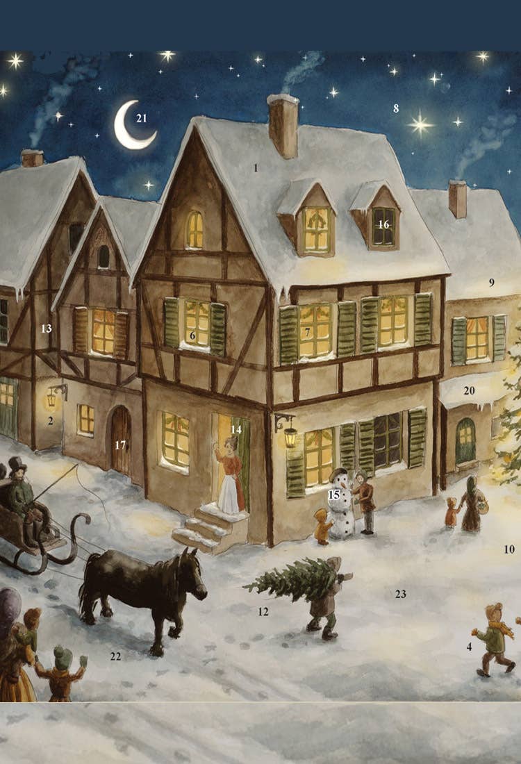 Detailansicht Papier-Adventskalender Weihnachtsabend im Dorf: Fachwerkhaus, Pferd und Junge mit Tanne, AK73