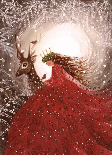 Postkarte Weihnachtsfreude von Bijdehansje – Reh mit Rotkehlchen im Winterlicht, PKWI222