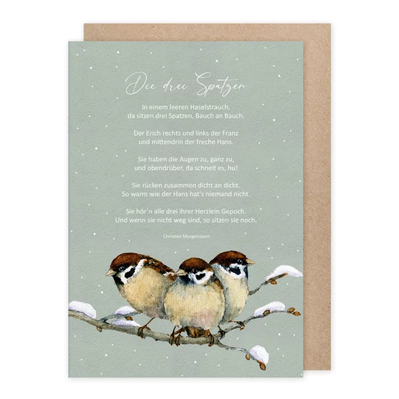 Weihnachtskarte drei Spatzen auf verschneitem Ast, Gedicht Die drei Spatzen von Christian Morgenstern
