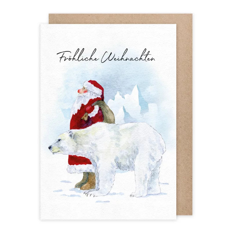 Weihnachtskarte Weihnachtsmann lehnt an einem Eisbären vor Eisbergen, Fröhliche Weihnachten
