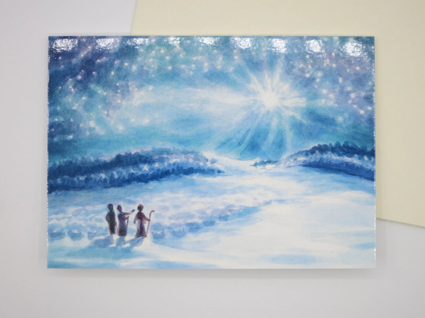 Weihnachtskarte Hirten staunen über Lichtausbruch am Nachthimmel, Hirtennacht