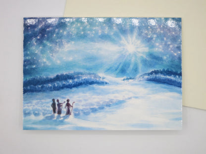 Weihnachtskarte Hirten staunen über Lichtausbruch am Nachthimmel, Hirtennacht