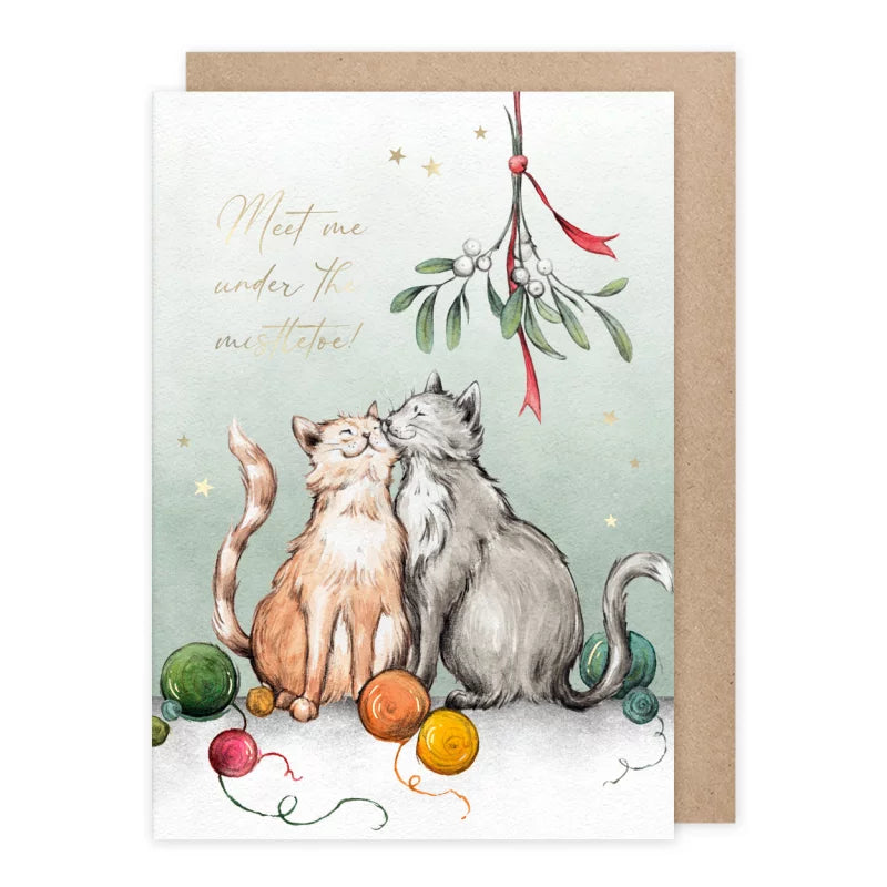 Weihnachtskarte kuschelnde Katzen unter dem Mistelzweig, Meet me under the mistletoe