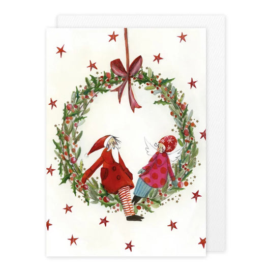 Weihnachtskarte mit Umschlag 'Kranz mit Engel und Weihnachtsmann' von Silke Leffler: Weihnachtsmann und Engel stehen im Beerenkranz.