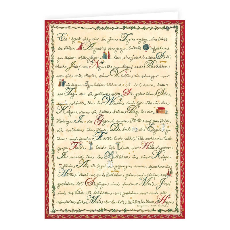 Weihnachtskarte mit Umschlag 'Weihnachtsgeschichte': handgeschriebene Weihnachtsgeschichte nach Lukas mit goldenem Zierrand.