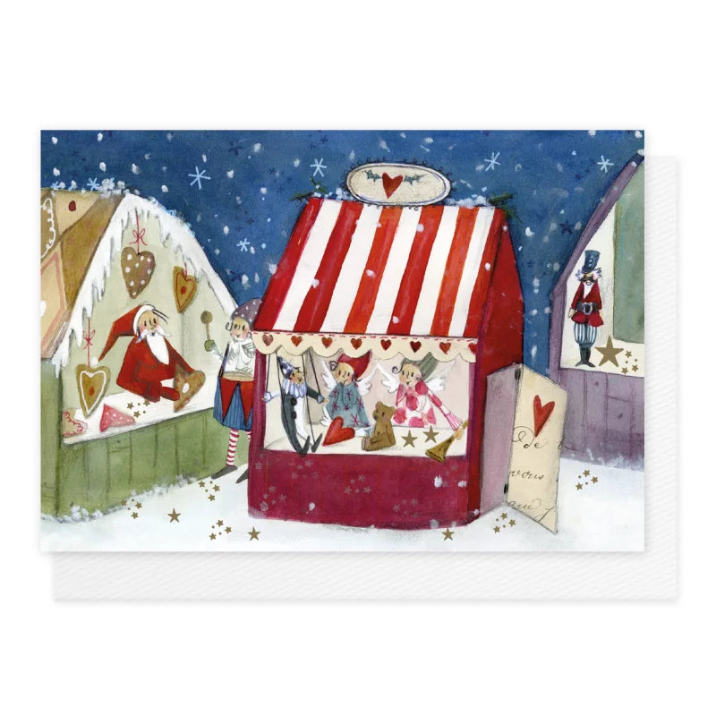Weihnachtskarte mit Umschlag 'Weihnachtsmarkt' von Silke Leffler: beleuchtete Marktbuden mit Weihnachtsmann und Engelsfiguren.