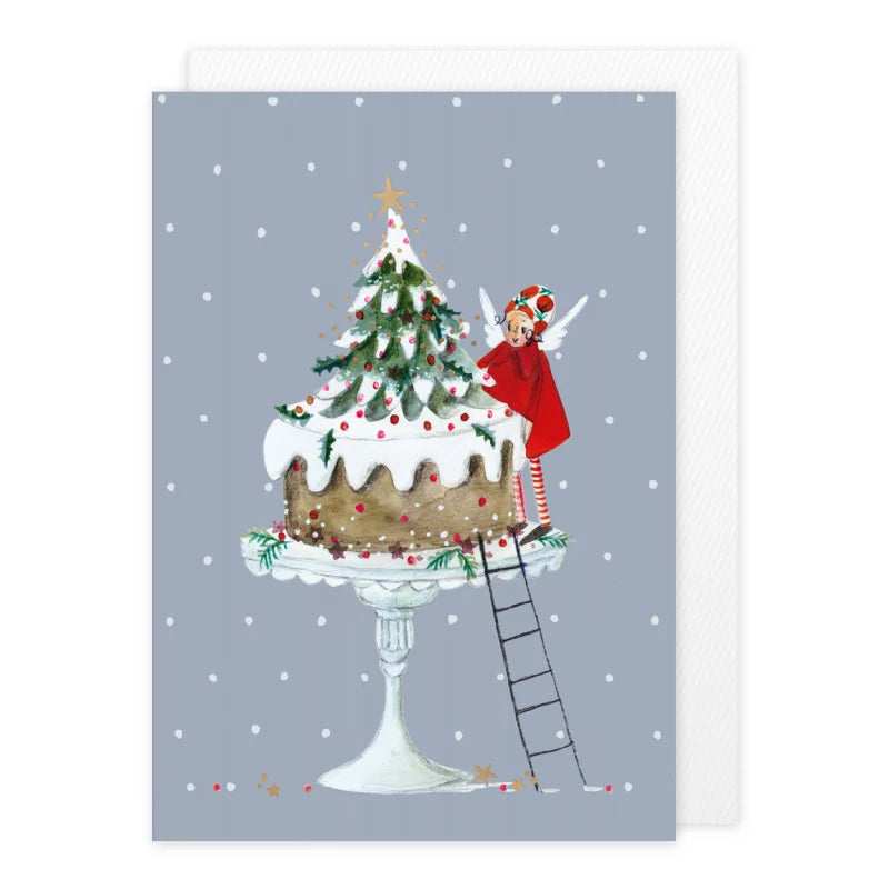 Weihnachtskarte mit Umschlag 'Weihnachtstorte' von Silke Leffler: Wichtel schmückt eine Torte in Form eines Weihnachtsbaums.