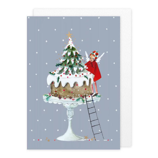 Weihnachtskarte mit Umschlag 'Weihnachtstorte' von Silke Leffler: Wichtel schmückt eine Torte in Form eines Weihnachtsbaums.