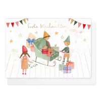 Weihnachtskarte mit Umschlag 'Frohe Weihnachten' von Lena Yokota: Wichtelkinder mit Schlitten und Geschenken.