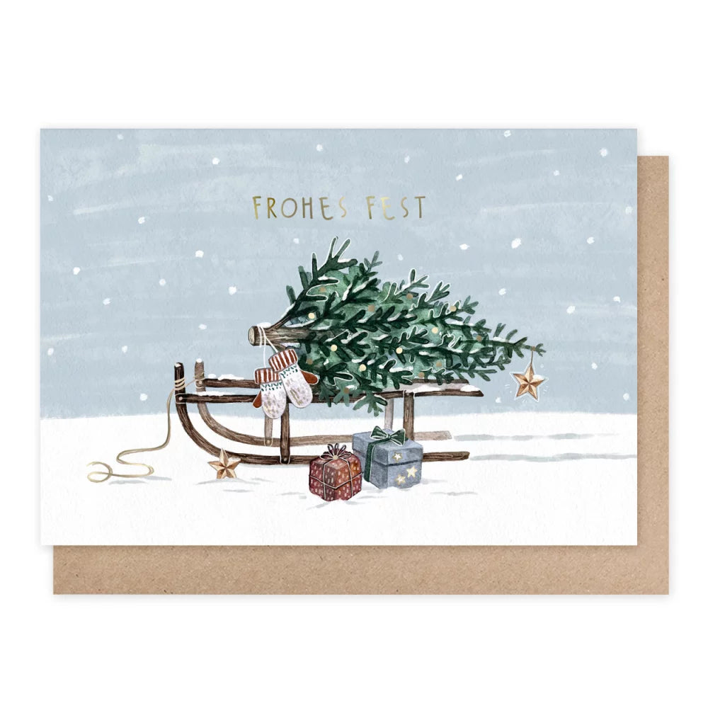 Weihnachtskarte Schlitten mit Tannenbaum, Handschuhen und Geschenken im Schnee, Frohes Fest