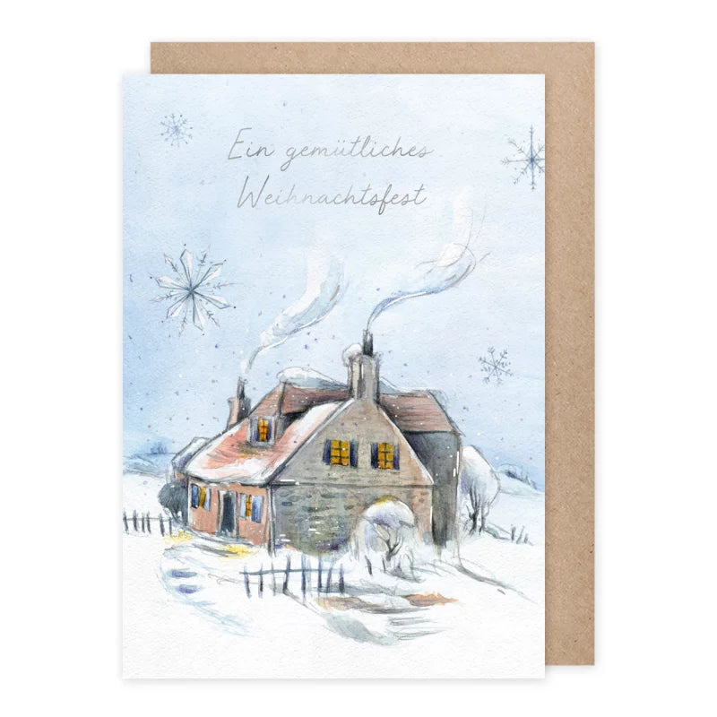 Weihnachtskarte verschneites Steinhaus in weiter Hügellandschaft, gemütliches Weihnachtsfest