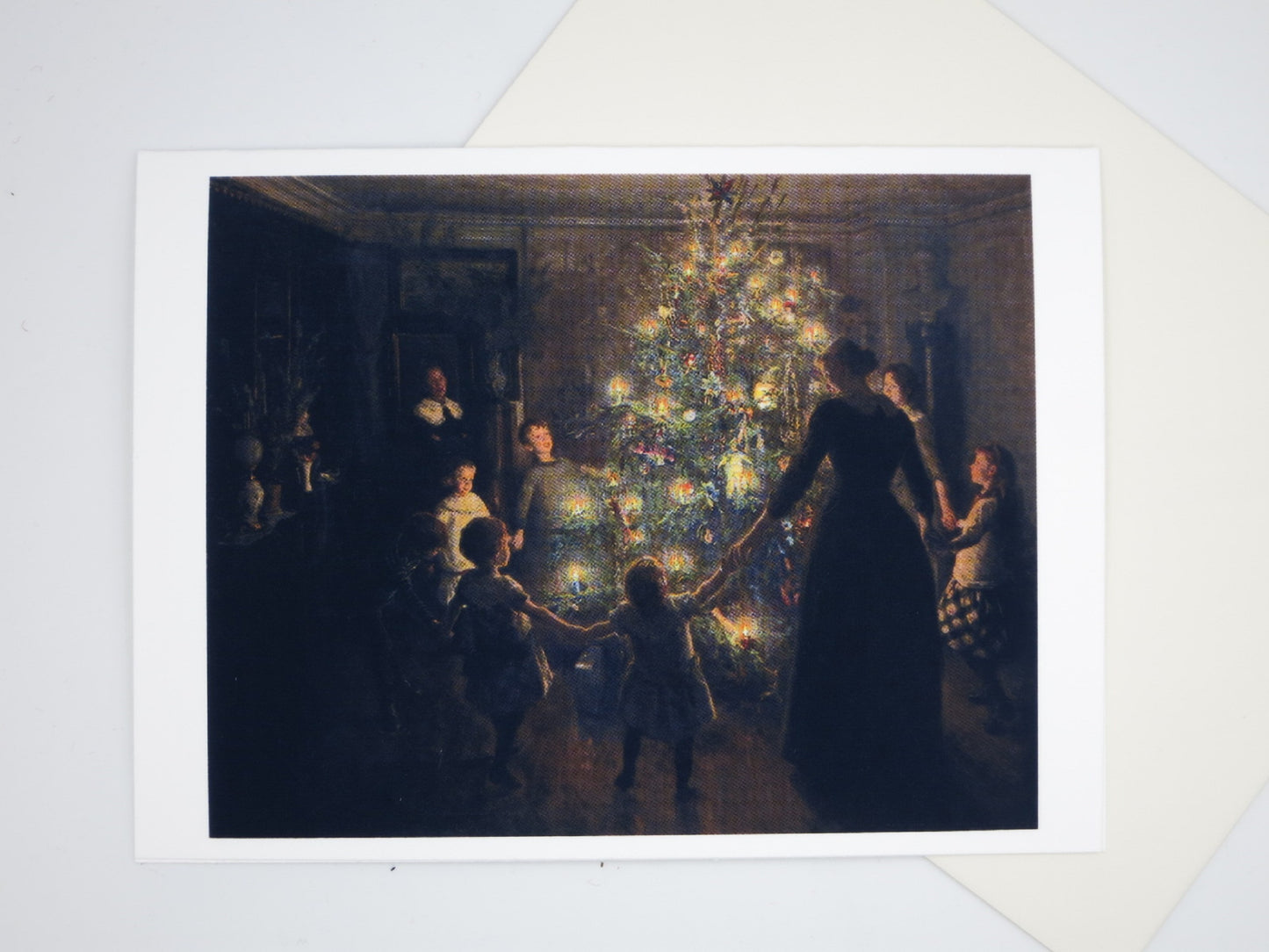 Weihnachtskarte Stille Nacht, klassische Gemälde-Reproduktion Familie am Weihnachtsbaum