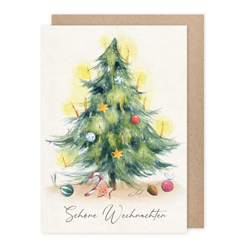 Weihnachtskarte klassisch geschmückter Tannenbaum im Kerzenschein, Schöne Weihnachten