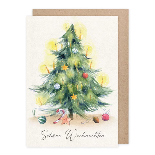 Weihnachtskarte klassisch geschmückter Tannenbaum im Kerzenschein, Schöne Weihnachten