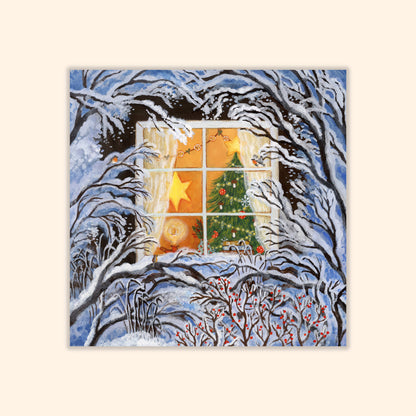 Weihnachtskarte verschneiter Heiligabend, verschneites Weihnachtsfenter, illustriert von Asia Spettel