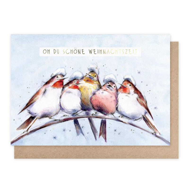 Weihnachtskarte fünf Wintervögel mit Schneemützen auf einem Ast, Oh du schöne Weihnachtszeit