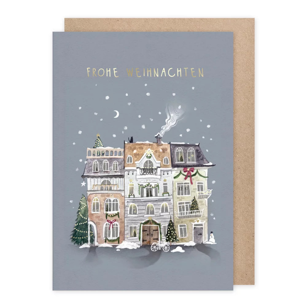 Weihnachtskarte verschneite Stadthausreihe mit Lichterketten und Schneemann, Frohe Weihnachten