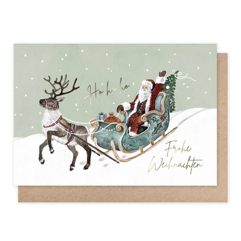 Weihnachtskarte Weihnachtsmann im Schlitten mit Rentier, Frohe Weihnachten, Grätz Verlag