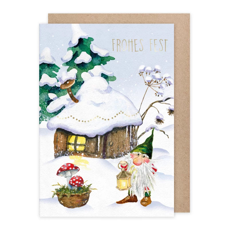 Weihnachtskarte Wichtel mit Laterne vor der Holzhütte, Fliegenpilze im Schnee, Frohes Fest