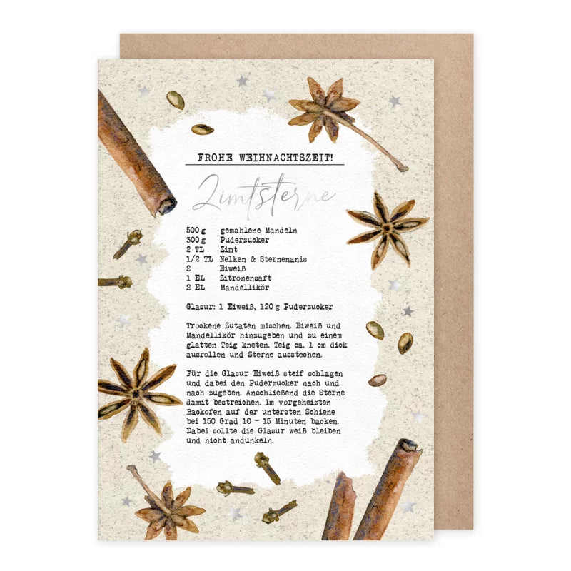Weihnachtskarte mit Zimtsterne-Rezept, Zimtstangen und Sternanis, Grätz Verlag